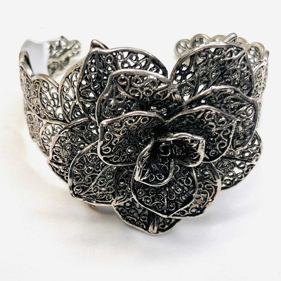 Vintage Melchior Floral Filigree Cuff Bracelet 1980s, Handmade Look - Picture 1 of 8